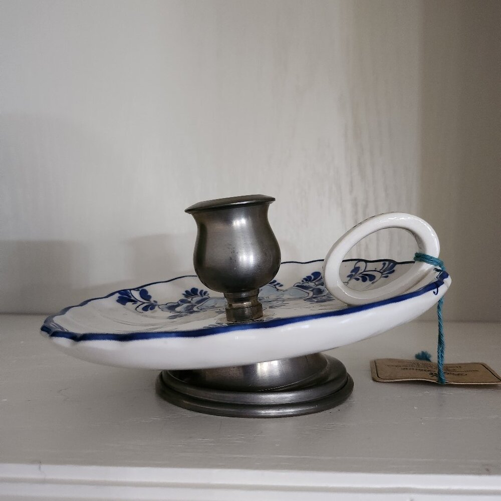 WMF Delft Blauw Windmill Pattern with Pewter Cup Candlestick Holder NWT